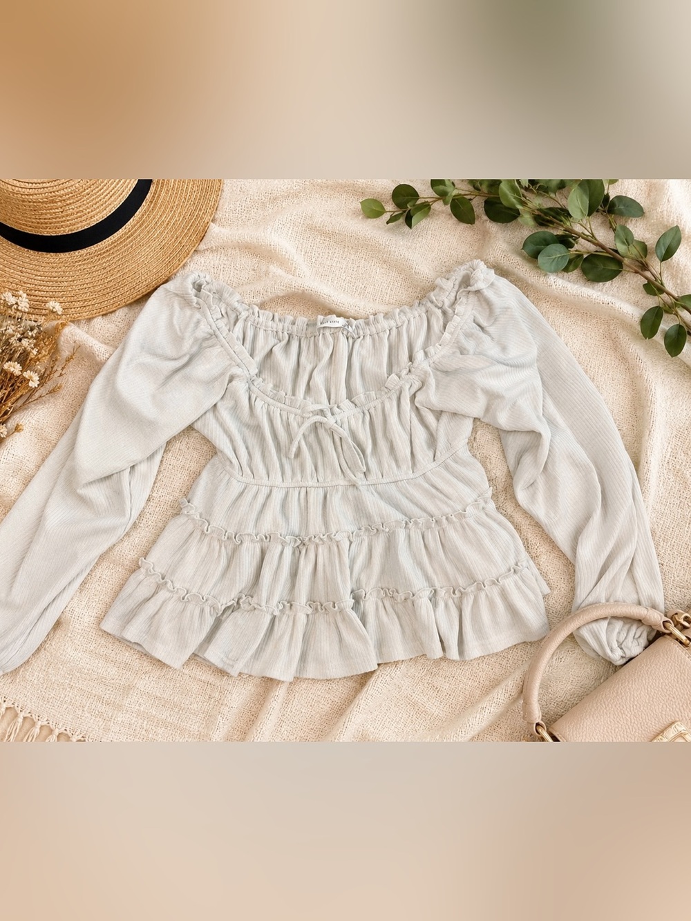 Altar’d State Cream Ribbed Off Shoulder Ruffle Peplum Top Size Medium